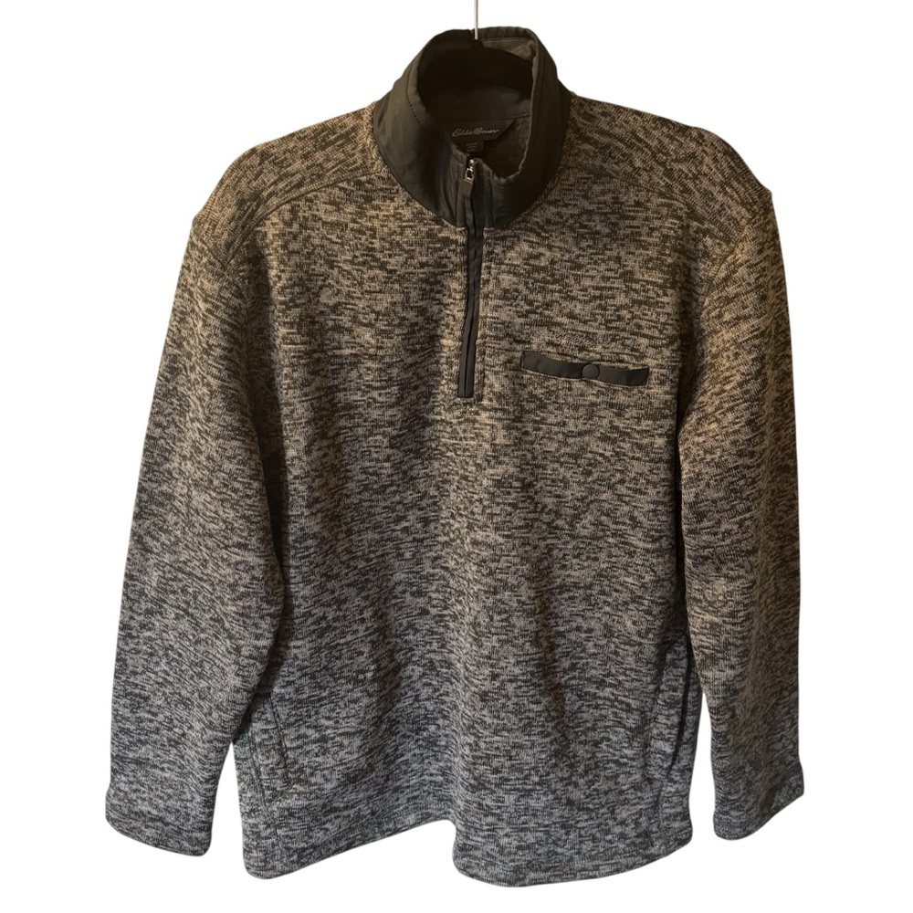 Eddie Bauer Sweater Men's M Black Gray Pullover 1/4 Zip-Up Pockets Fleece Lined